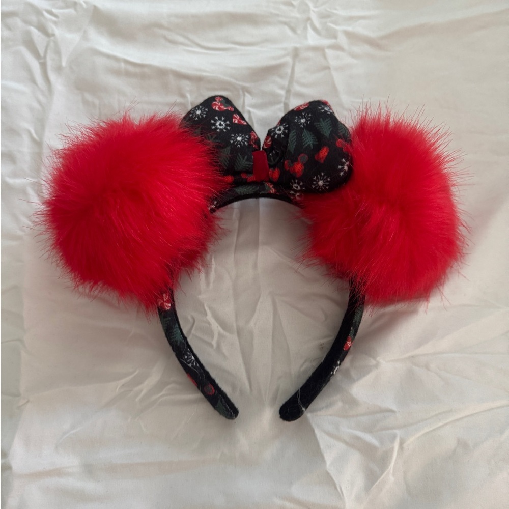 Disney Parks Holiday Minnie Mouse Red Pom Pom Ears Headband
